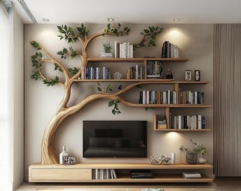 Rustic tree branch bookcase wall mounted shelf floating shelf for bedroom home decor housewarming gift handcraft treeshelf mid century shelf
