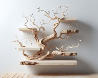 Tree branch shelf live edge floating driftwood shelf mid centure bookcase floating bookshelf solid wood bookcase bookshelf decor