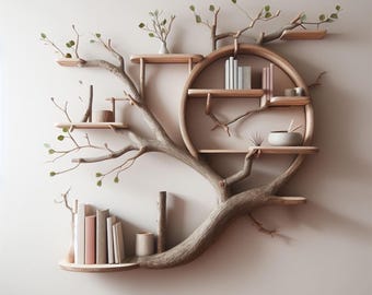 Tree branch floating corner bookcase driftwood shelf bookshelf decorations wall decor