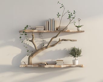 Tree branch floating corner shelf driftwood mid century bookcase custom home decor