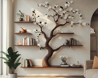 Wood Tree branch floating shelves live edge wooden tree bookcase handcraft floating bookshelf decor home wall mount shelf housewarming gift