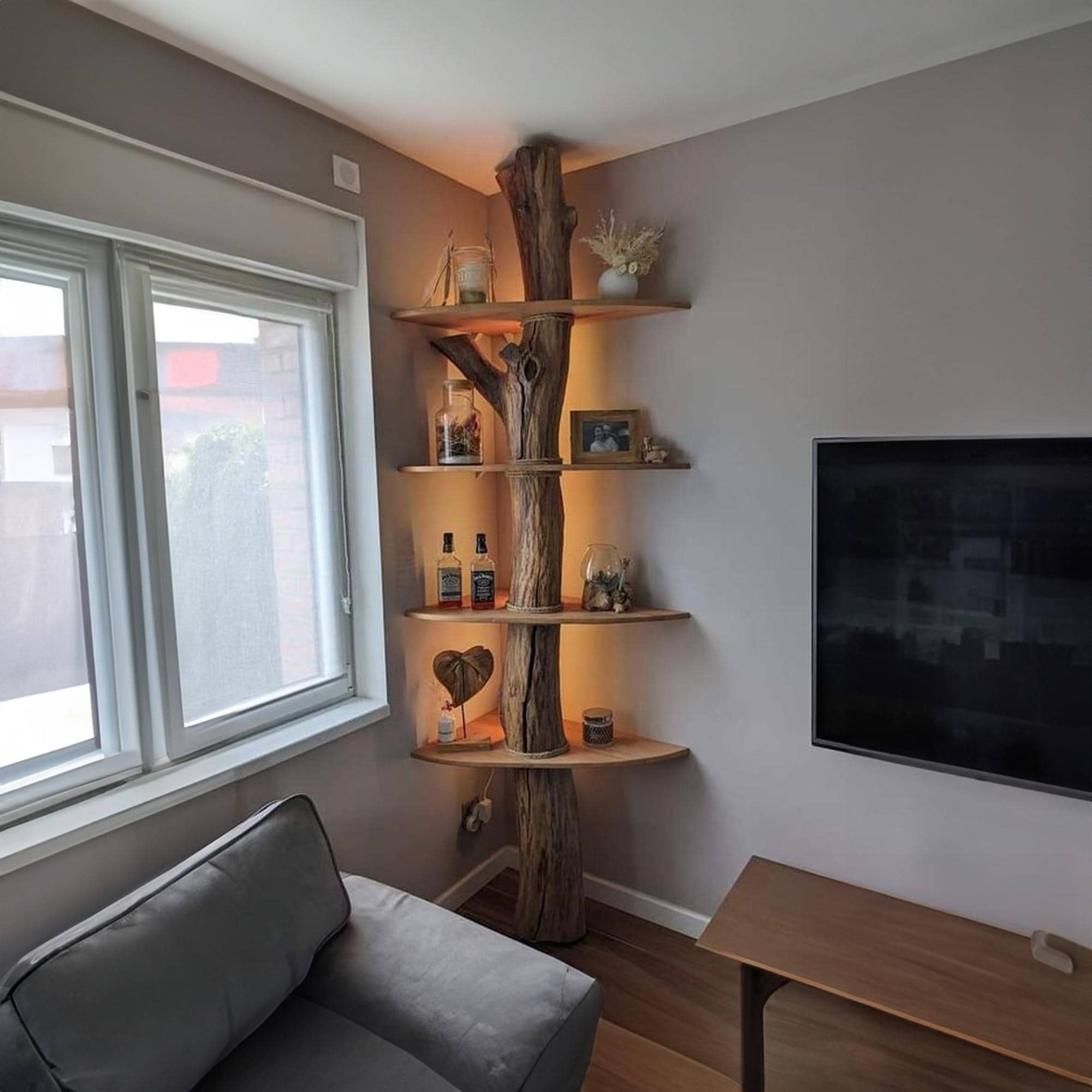 Corner tree branch bookshelf wall mount tree bookshelf custom shelves wooden bookshelf floating live edge shelving living room decor