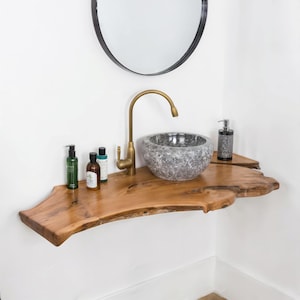 Live Edge Natürliches Badezimmer Waschbecken Waschtisch, Handgefertigter Rustikaler Badezimmer Waschtisch mit Altholz, Geschenk für Sie, Waschbecken Regal
