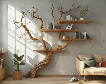 Tree branch shelf wall mount bookshelf custom bookcase driftwood shelf solid wood bookcase bookshelf decor