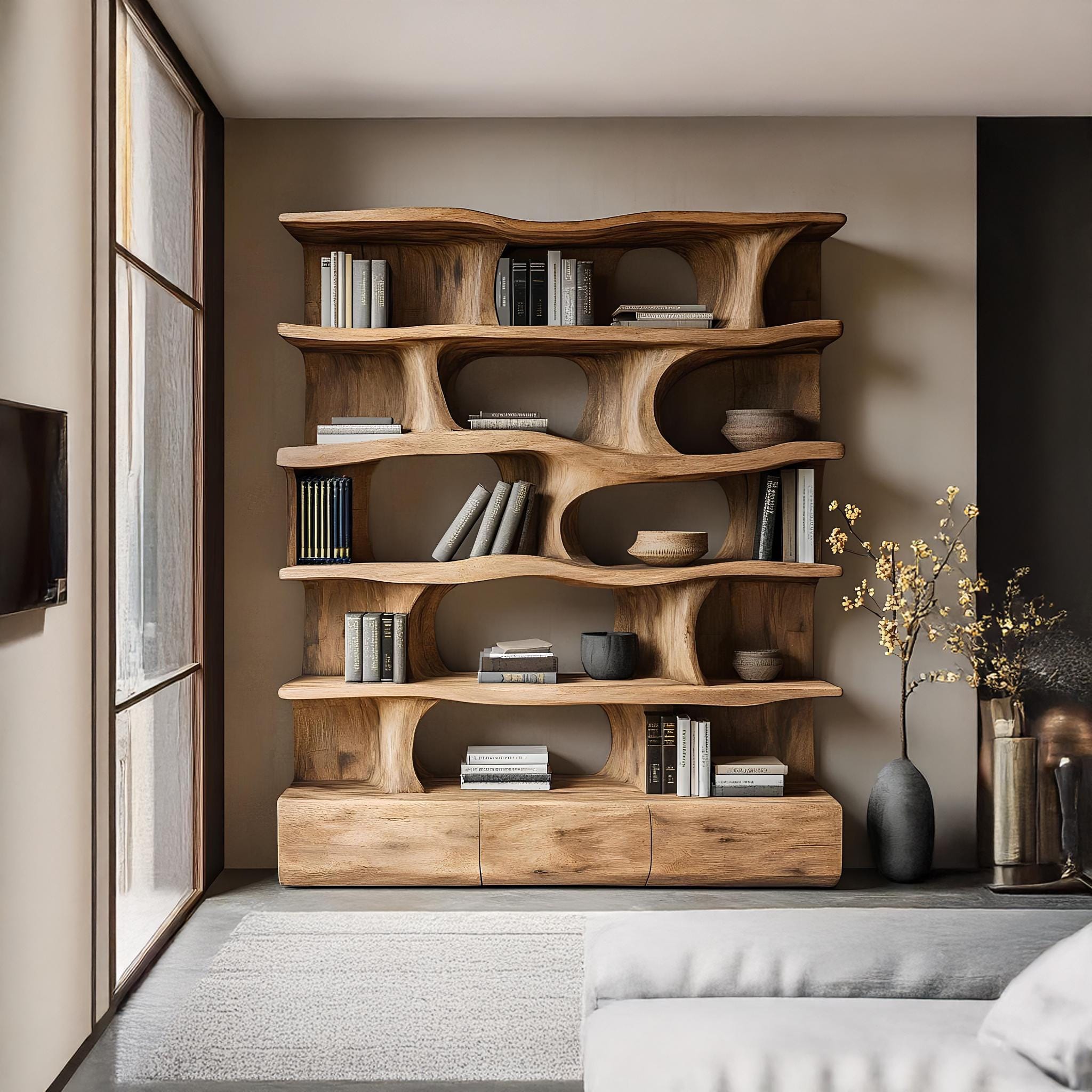 Solid Wood Bookshelf Modern Bookcase Handcrafted Wooden Storage Shelf Sculptural Display Cabinet Furniture Multi-Compartment Wall Art Gift