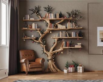 Christmas floating bookshelf driftwood branch bookshelf xmas tree branch shelf custom bookcase montessori bookshelf corner shelfhome decor