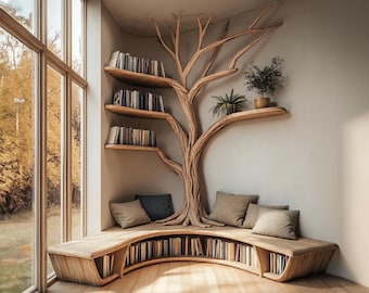 Corner floating bookshelf with lshaped bench bookshelf decor natural wood bookshelf custom storage bench handmade bookshelf home decor