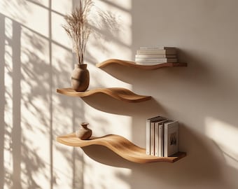 Custome wavy floating shelf live edge mid century bookcase wavy floating shelf rustic wooden shelf wall wood home decor christmas gift
