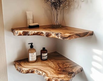 Corner living edge wooden rustic floating display shelf corner wall shelf  floating shelf walnut christmas decorations housewarming gift