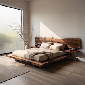 Rustic Solid Wood Bed Frame Handmade Reclaimed Wood Bed Eco-Friendly Wooden Bed Queen Size Farmhouse Bedroom Furniture DecorGift