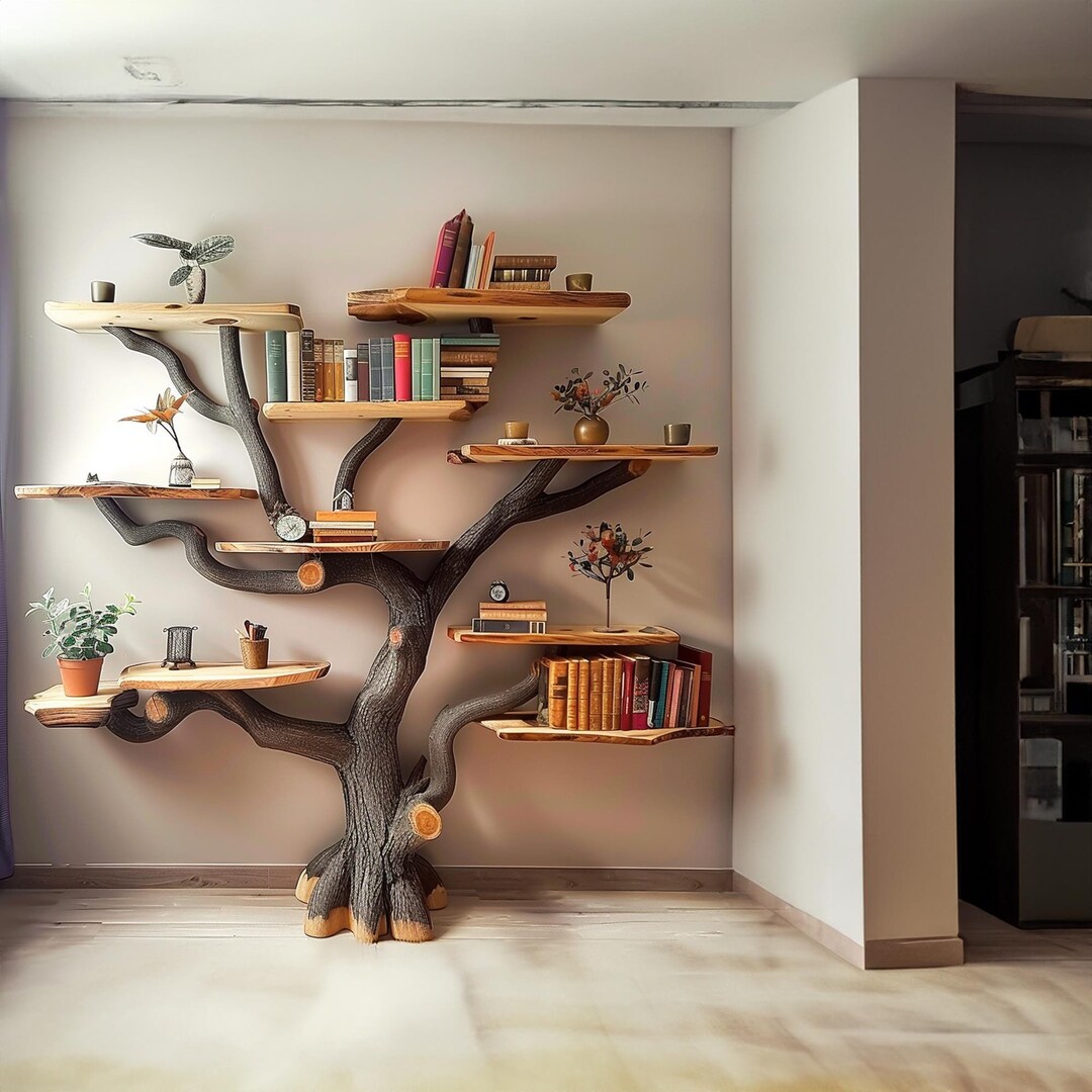 Tree Books Shelf Decor Solid Wood Carving Floating Bookshelf Wall Mount ...
