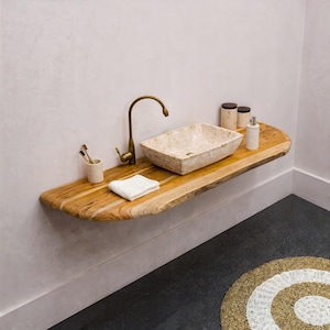 Live Edge Natürliches Waschbecken Eitelkeit, Live Edge Regal Eitelkeit, Geschenk für Sie, Waschbecken Einheit Regal, Waschtischregal, schwebendes Waschtischregal Dekor