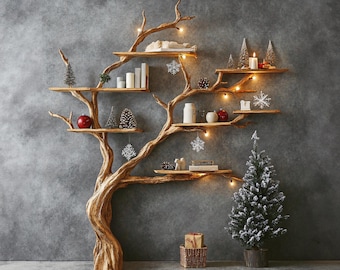 Handmade natural wood bookshelf solid wood tree branch shelf live edge wood shelf driftwood wall bookshelf book shelf decor