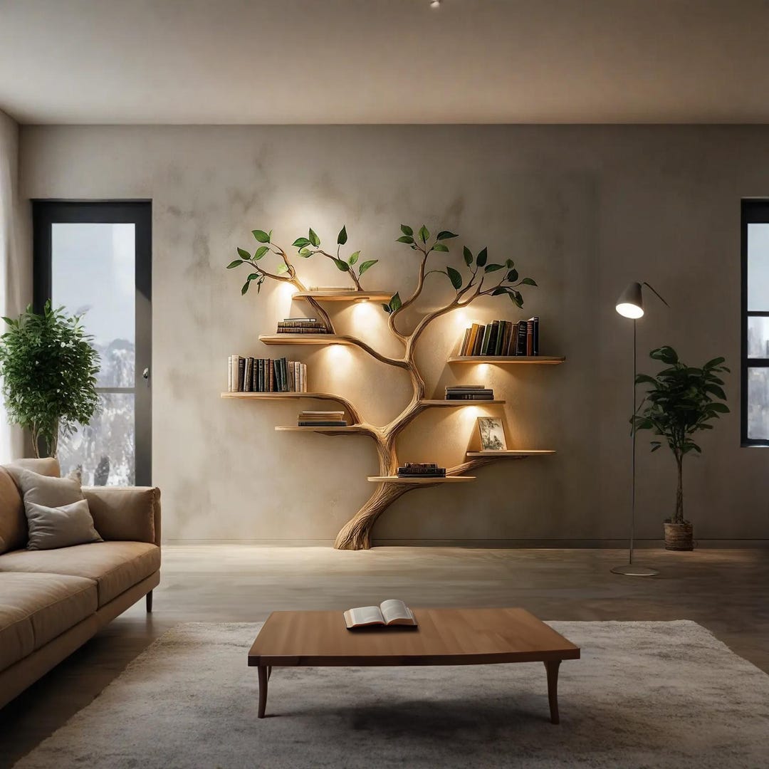 Rustic Tree Wall Shelf Wooden Tree Bookshelf Live Edge Floating Wall ...