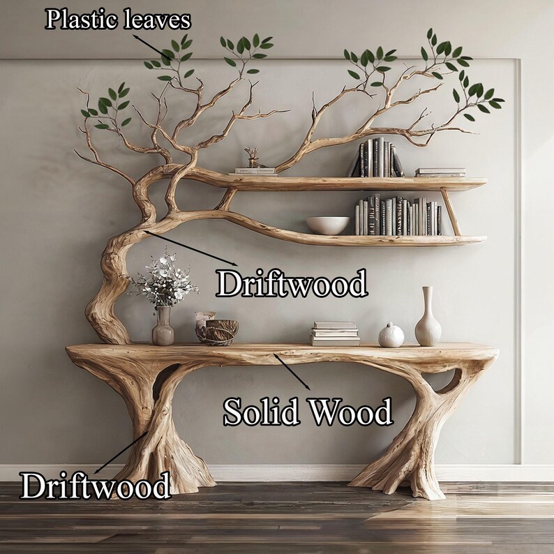 Driftwood Narrow Console Table With Tree Book Shelf Driftwood Console
