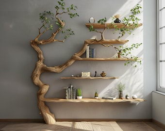 Tree branch shelf driftwood shelf corner shelf bookshelf decor solid wood carving wall decor