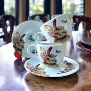 bunny tea cup and saucer, bunny coffee cup and saucer, floral rabbit, porcelain tea cup, porcelain coffee cup