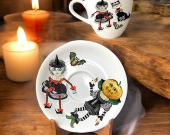 Juego de taza y platillo de café de Halloween de inspiración vintage: Búho brujo y niño calabaza