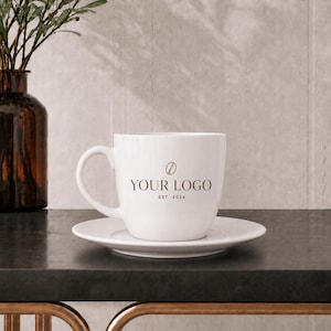 Espressokopje en schotel met logo op maat, gepersonaliseerde porseleinen cafémok