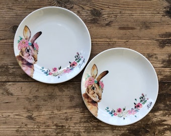 Personalized plate set, personalized gift set, bunny plate, dinnerware, dessert plate, rabbit plate, customized porcelain plate