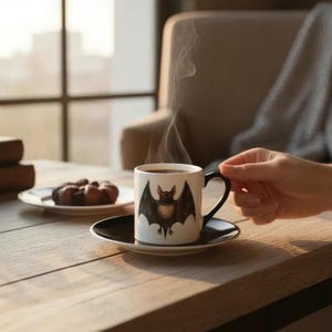 Peut inclure: Une tasse à café en céramique blanche avec une anse noire et une soucoupe noire. La tasse présente une illustration de chauve-souris. De la vapeur s'élève du liquide sombre à l'intérieur. Une assiette avec une pâtisserie est en arrière-plan.