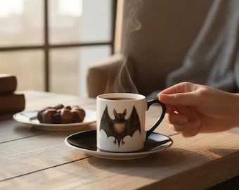 Taza de café con platillo de murciélago: utensilios de cocina góticos de Halloween