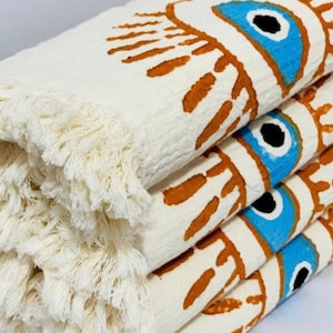 Organic Cotton Peshtemal Beach Towel: Hand-Painted Greek Eye Design