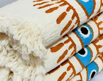 Organic cotton beach towel, organic cotton peshtemal, spa towel, soft cotton towel, bohemian towel, peshtemal, greek eye design towel