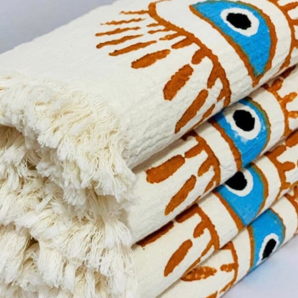 Organic cotton beach towel, organic cotton peshtemal, spa towel, soft cotton towel, bohemian towel, peshtemal, greek eye design towel