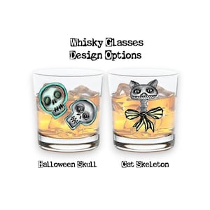 Halloween Skull & Cat Skeleton Whiskey Glasses: Gothic Horror Barware
