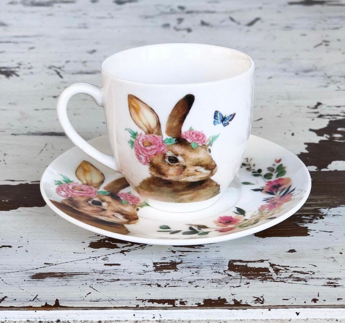 Sping Gift Set, Easte Bunny Tea Cup And Sauce, Gold ... - Etsy