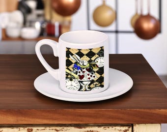 Taza y platillo de espresso de Alicia en el País de las Maravillas - Conejo Blanco de porcelana