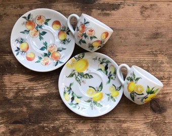 Juego de tazas de té de porcelana con limón y naranja: decoración cítrica para la cocina