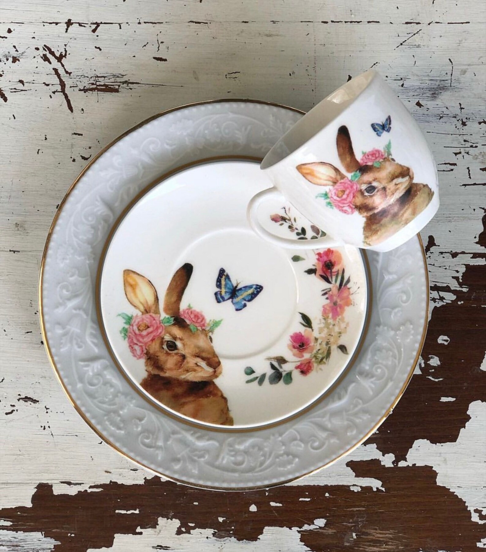Bunny Tea Cup and Saucer Bunny Coffee Cup and Saucer Floral Etsy