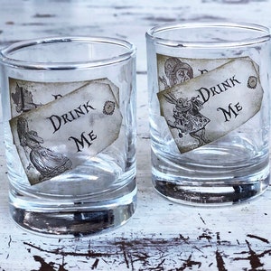 Alice in Wonderland shot glass set of 2, alice in wonderland vintage shot glass set of 2