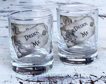 Alice in Wonderland shot glass set of 2, alice in wonderland vintage shot glass set of 2