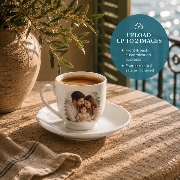 Custom Photo Espresso Cup with Saucer, Personalized Image Coffee Mug, Upload 2 Images