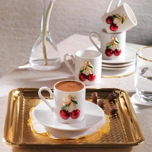Cherry Espresso Cup Set (Set of 4): Red Porcelain Turkish Coffee Cups