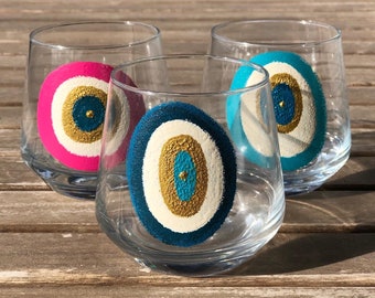 evil eye glass, evil eye wine glass, evil eye whisky glass, boho style glasses, hand painted glass
