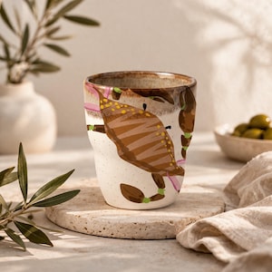 May include: A ceramic mug with a brown crab design. The mug has a speckled white background with brown and pink accents. The crab is brown with yellow spots and green accents. The mug is sitting on a stone coaster.