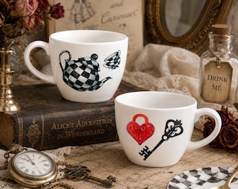 Alice in Wonderland Porcelain Cup with Saucer, Checkerboard Tea Cup, Whimsical Espresso Cup, Vintage Tea Party Mug, Espresso or Tea Size
