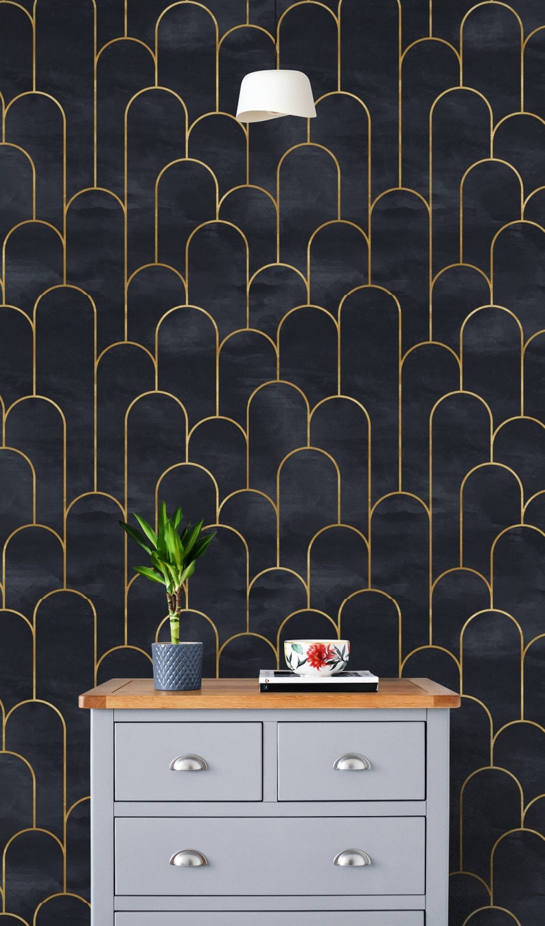 Geometric Wallpaper Textured Gold Metalic Pattern Dark Blue Etsy
