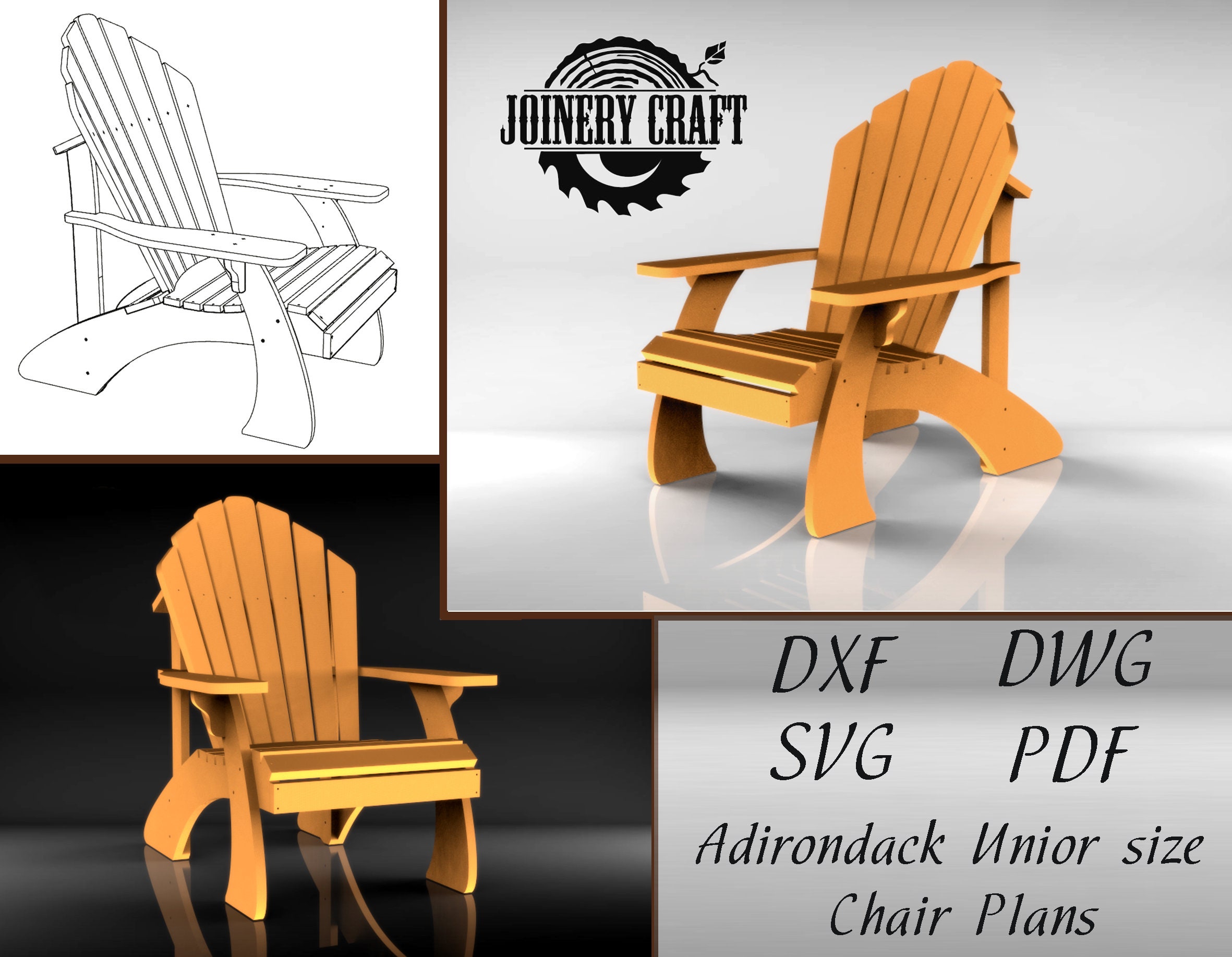 Adirondack Chair Plans Unior Size PDF format CNC SVG Dwg 