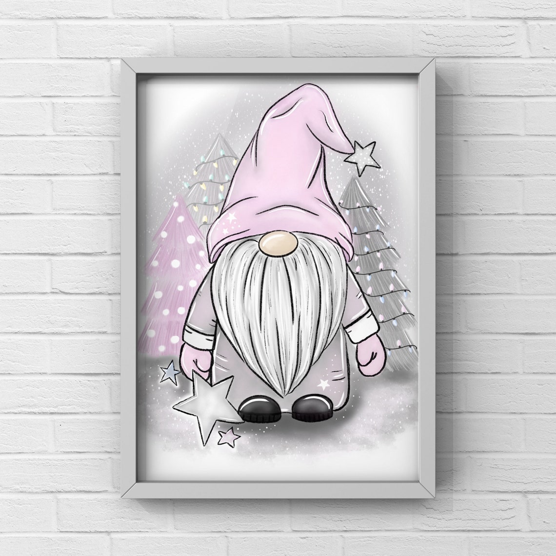 A4 pink and grey tomte gonk elf gnome art print Christmas | Etsy