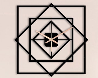 Geometryczny metalowy zegar ścienny: nowoczesny czarny kwadrat, cichy mechanizm
