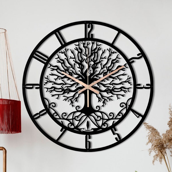 Large Tree Of Life Clock, Metal Wall Clock, Unique Wall Clock, Living Room Oversized Wall Clock, Black Wall Clock, Laser Cut Clocks For Wall