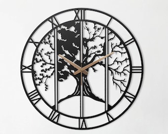Four Season Tree Wall Clock, Unique Wall Clock, Retro Wall Clock, Boho Wall Clock, Roman Numerals Clock, Black Wall Clock, Small Wall Clock