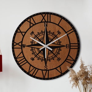 Wooden Metal Wall Clock, Compass Wall Clock, Silent Wall Clock, Oversized Wall Clock, Unique Wall Clock, Small Clock For Wall Home Decore