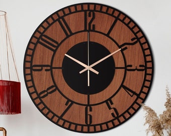 Large Metal and Wood Compass Clock, Modern Wall Clock, Sweep Movement Non Ticking Wall Clock