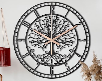 Large Tree Of Life Clock, Metal Wall Clock, Unique Wall Clock, Living Room Oversized Wall Clock, Black Wall Clock, Laser Cut Clock For Wall